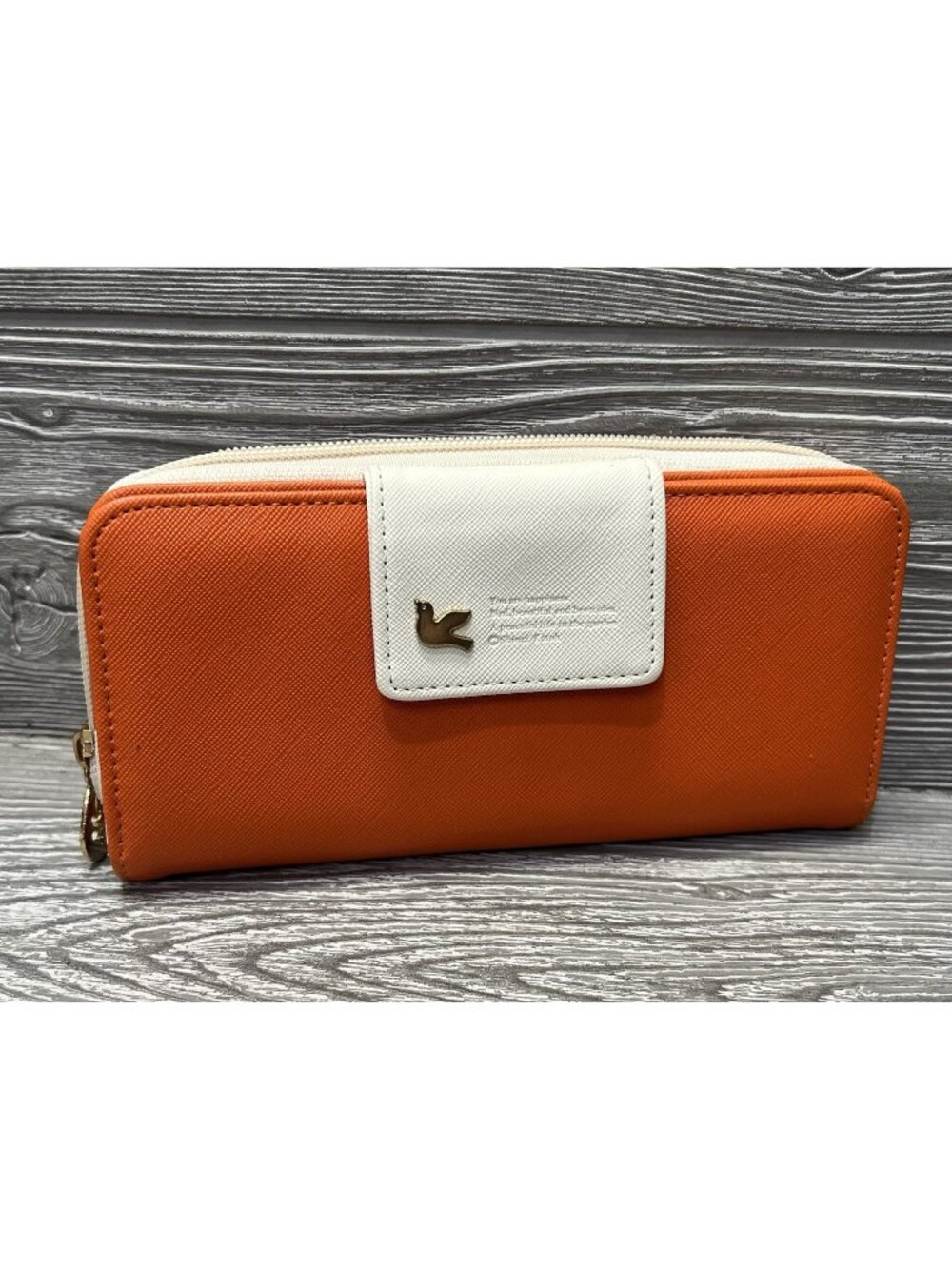 Shinzi Katoh Wallet Clutch Zipper Orange Sage White Faux Leather Bird